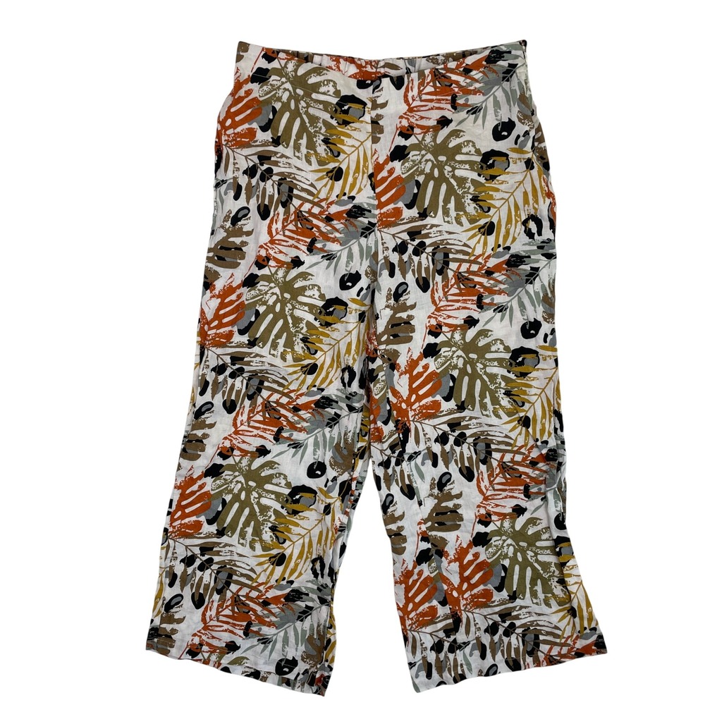 Tahari Linen Pants Womens XL Tropical Print Wide Leg High Waist Casual